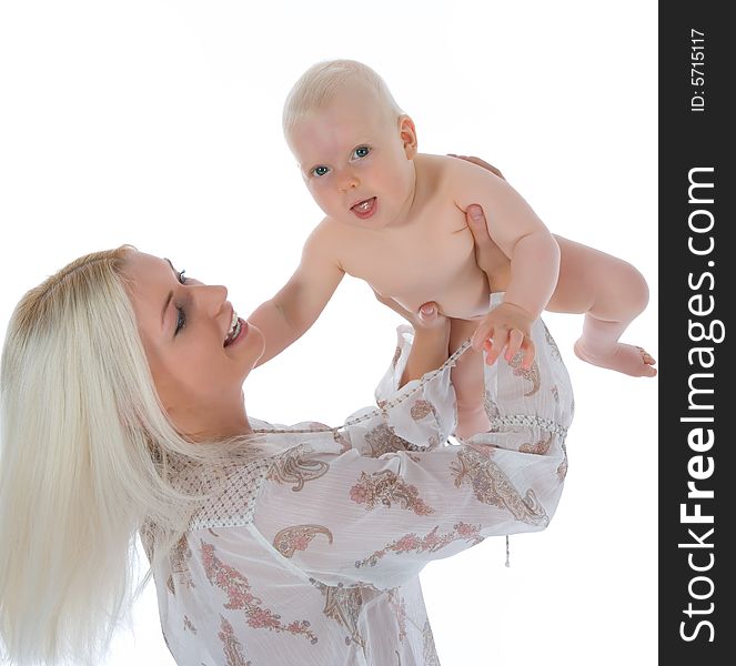 Happy mother with baby over white