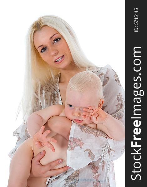 Happy mother with baby over white