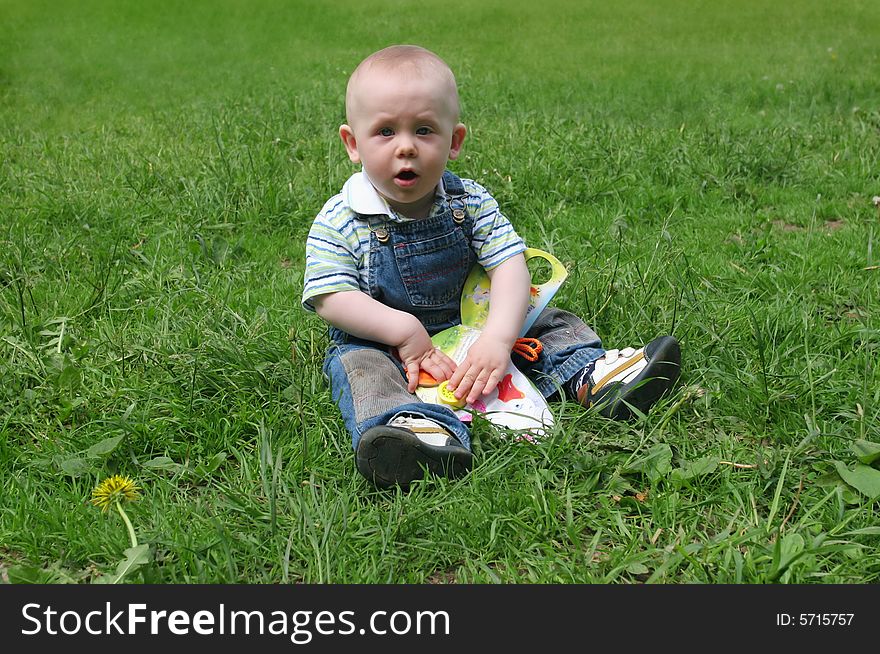 The kid playing on a grass in park. The kid playing on a grass in park