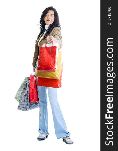 Attractive young happy lady with shopping bags, isolated on white background. Attractive young happy lady with shopping bags, isolated on white background
