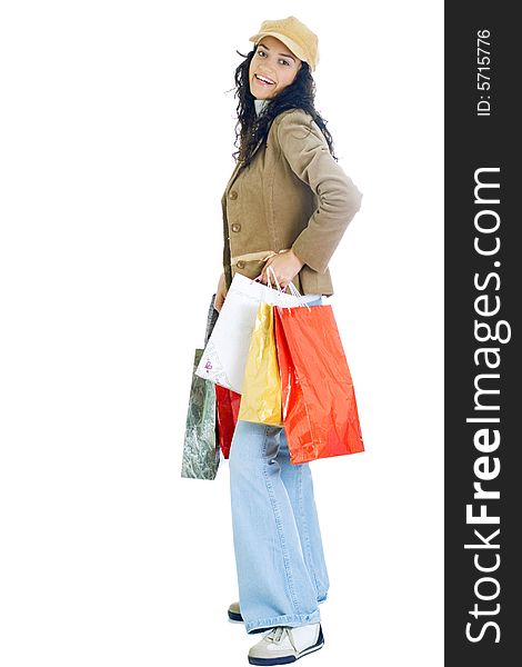 Attractive young happy lady with shopping bags, isolated on white background. Attractive young happy lady with shopping bags, isolated on white background