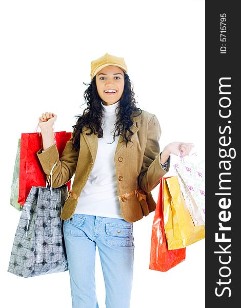 Attractive young happy lady with shopping bags, isolated on white background. Attractive young happy lady with shopping bags, isolated on white background