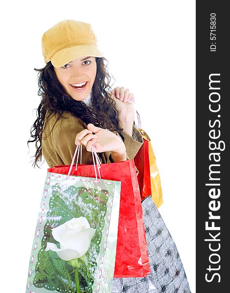 Attractive young happy lady with shopping bags, isolated on white background. Attractive young happy lady with shopping bags, isolated on white background