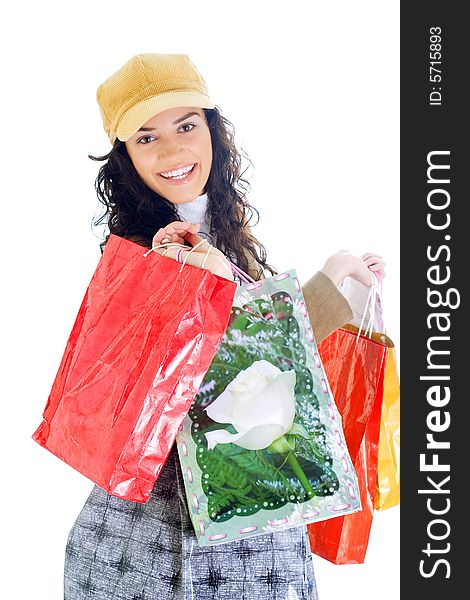 Attractive young happy lady with shopping bags, isolated on white background. Attractive young happy lady with shopping bags, isolated on white background