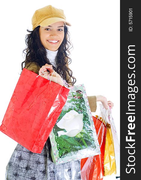 Attractive young happy lady with shopping bags, isolated on white background. Attractive young happy lady with shopping bags, isolated on white background