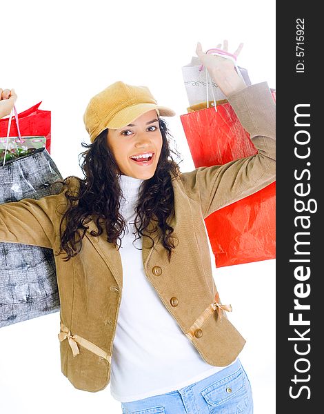 Attractive young happy lady with shopping bags, isolated on white background. Attractive young happy lady with shopping bags, isolated on white background