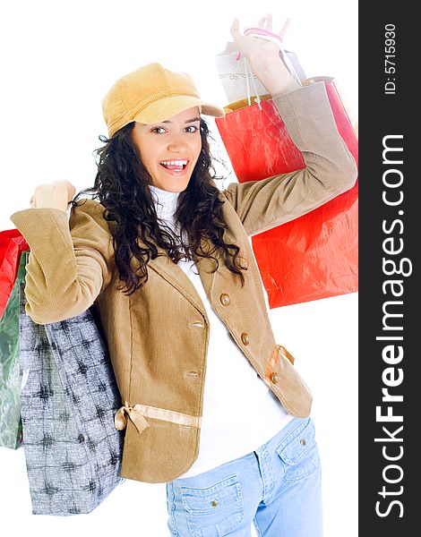 Attractive young happy lady with shopping bags, isolated on white background. Attractive young happy lady with shopping bags, isolated on white background