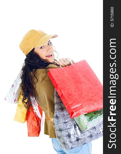 Attractive young happy lady with shopping bags, isolated on white background. Attractive young happy lady with shopping bags, isolated on white background