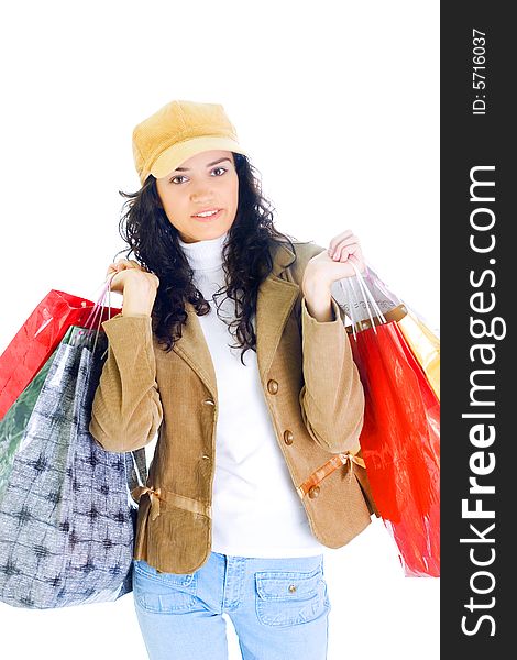 Attractive young happy lady with shopping bags, isolated on white background. Attractive young happy lady with shopping bags, isolated on white background