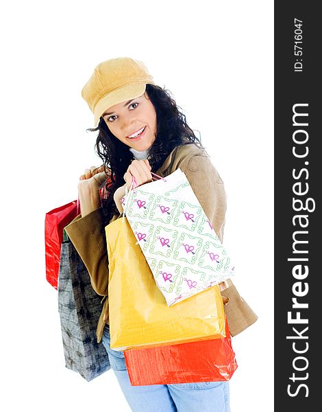 Attractive young happy lady with shopping bags, isolated on white background. Attractive young happy lady with shopping bags, isolated on white background