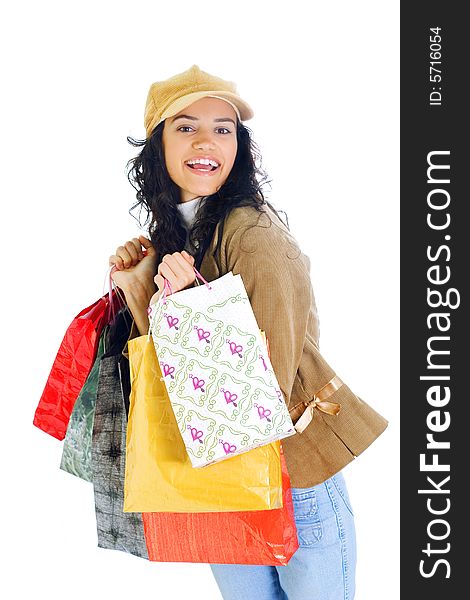 Attractive young happy lady with shopping bags, isolated on white background. Attractive young happy lady with shopping bags, isolated on white background