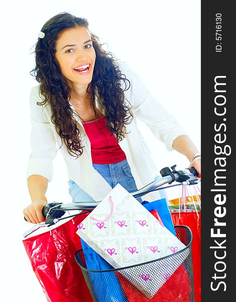 Attractive young happy lady with shopping bags, isolated on white background. Attractive young happy lady with shopping bags, isolated on white background