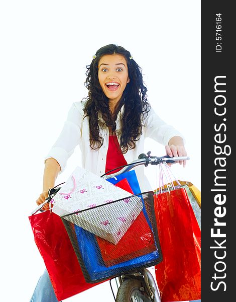 Attractive young happy lady with shopping bags, isolated on white background. Attractive young happy lady with shopping bags, isolated on white background