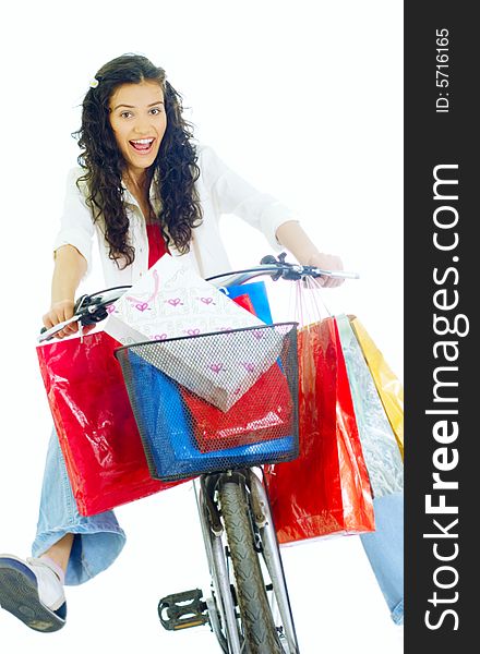 Attractive young happy lady with shopping bags, isolated on white background. Attractive young happy lady with shopping bags, isolated on white background