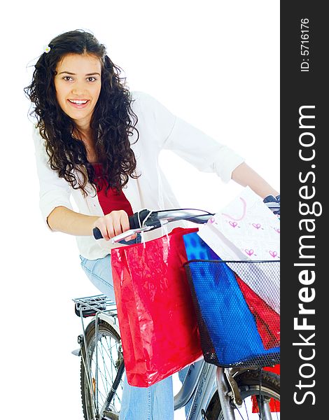 Attractive young happy lady with shopping bags, isolated on white background. Attractive young happy lady with shopping bags, isolated on white background