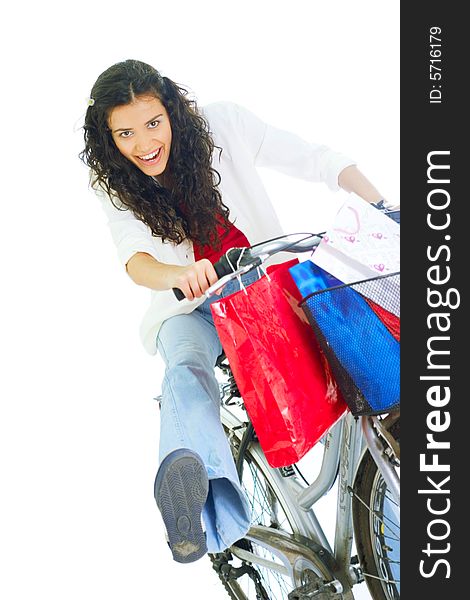 Attractive young happy lady with shopping bags, isolated on white background. Attractive young happy lady with shopping bags, isolated on white background