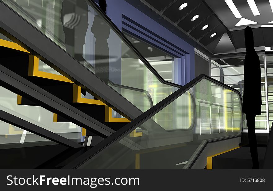 Illustration of people moving on escalator. Illustration of people moving on escalator