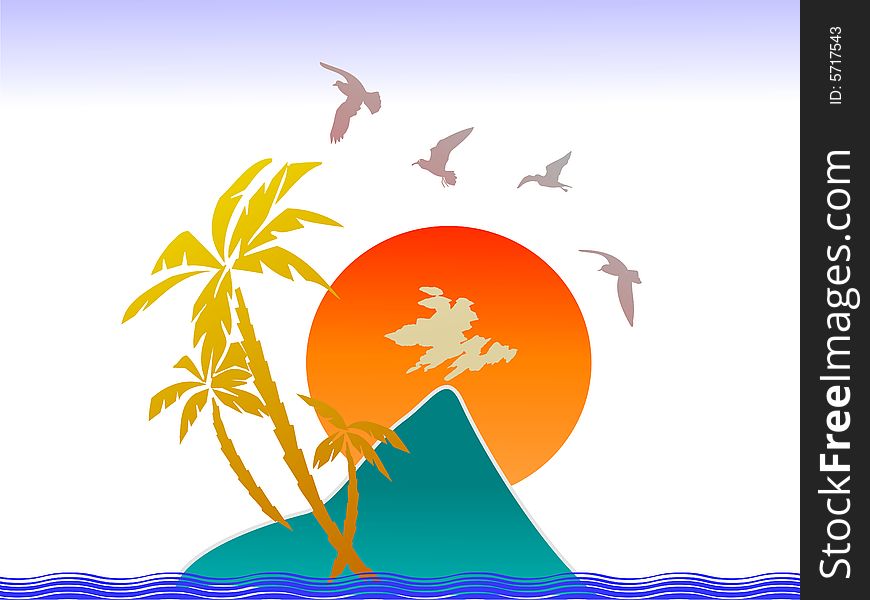 Sunset, tropical island, palms and birds