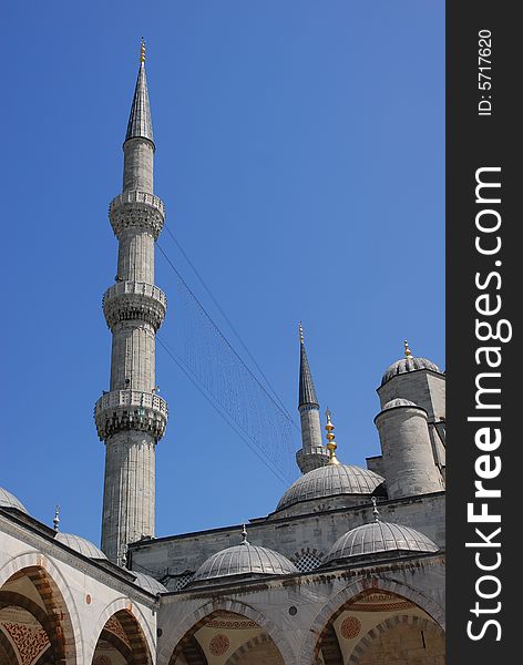 Minaret and domes of Blue mosque in Istanbul