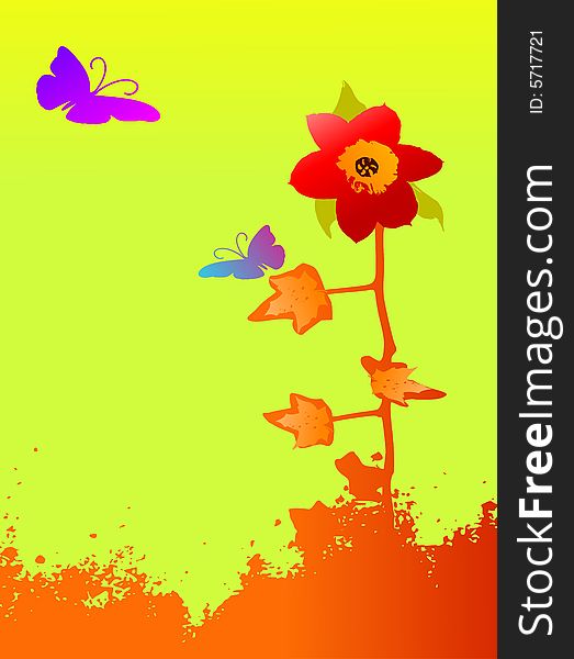 Grunge Abstract Floral Background With Butterflies