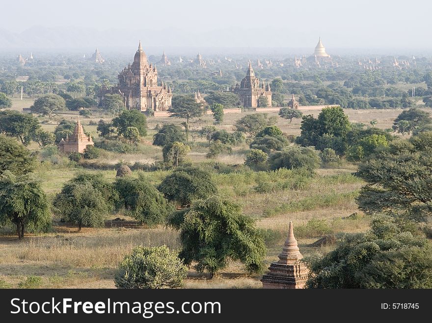 Landscape in bagan area, myanmar. Ancient pagoda on the plain.