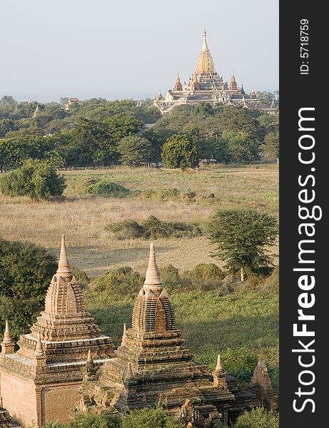 Landscape in bagan area, myanmar. Ancient pagoda on the plain.