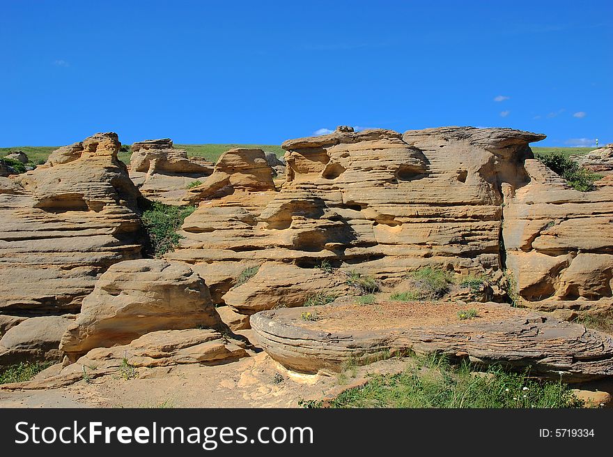 Hoodoos and sandstones in writing-on-stone provincial park, alberta, canada