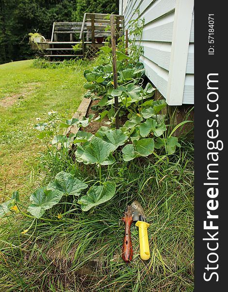 A picture of garden tools in a garden in Canada.