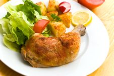 Fried Chicken With Fried Potatoes,lettuce And Toma Stock Photo Fried Chicken With Fried Potatoes,lettuce And Toma Stock Photo