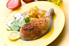Fried Chicken With Fried Potatoes, And Cucumber,to Royalty Free Stock Image Fried Chicken With Fried Potatoes, And Cucumber,to Royalty Free Stock Image