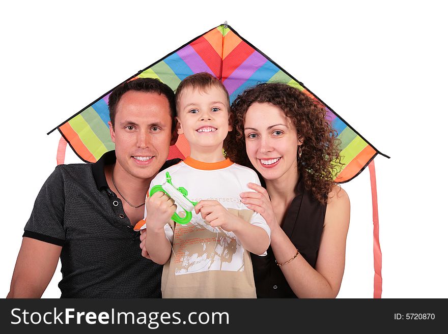 Father, mother, son and kite on white