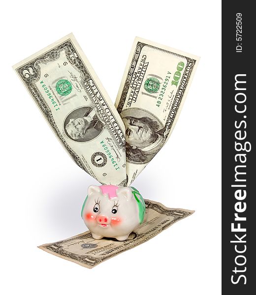 Piggy bank with dollars on white background