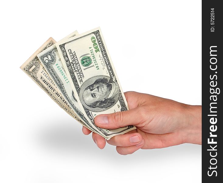 Dollars in hand on white background