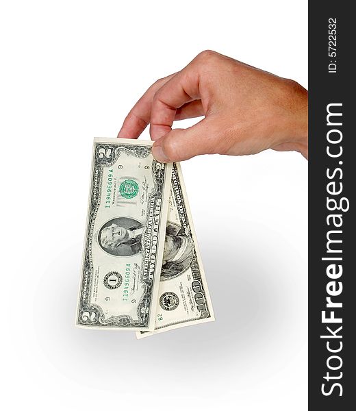 Dollars in hand on white background