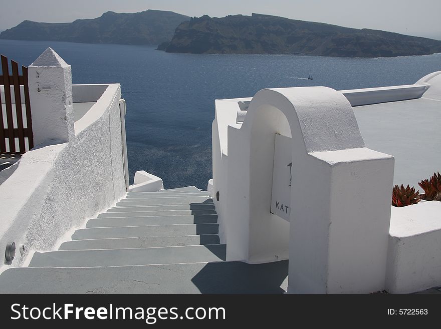 A hotel stairway in Santorini Island in Greece. A hotel stairway in Santorini Island in Greece