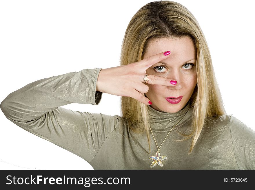 Long blond hair woman face in fingers frame. Long blond hair woman face in fingers frame