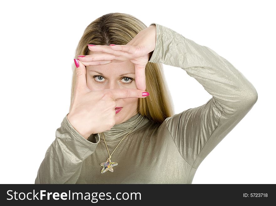 Long blond hair  woman face in fingers frame