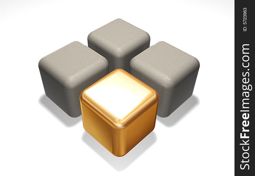 Gold cube about grey cubes on a white background