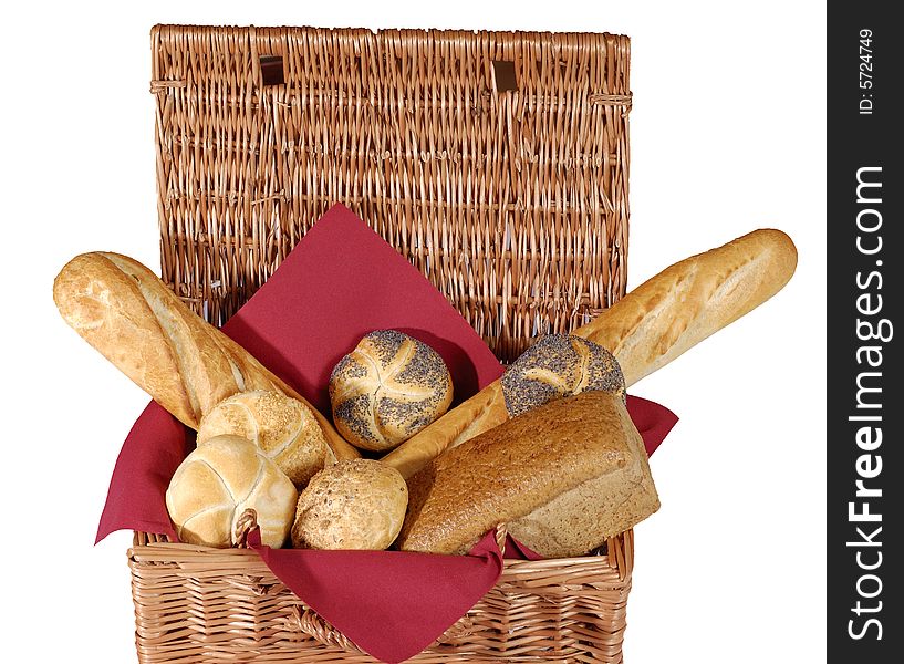 Bread and rolls in a wicker basket