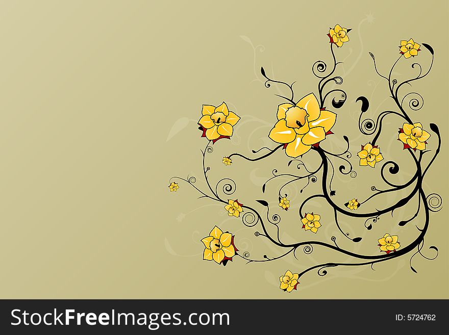 Vector illustration of a beautiful floral grunge background with stylized flowers and art spirals.