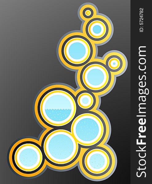 Vector illustration of a funky retro design element with circle art filled with water and bubbles. Vector illustration of a funky retro design element with circle art filled with water and bubbles.
