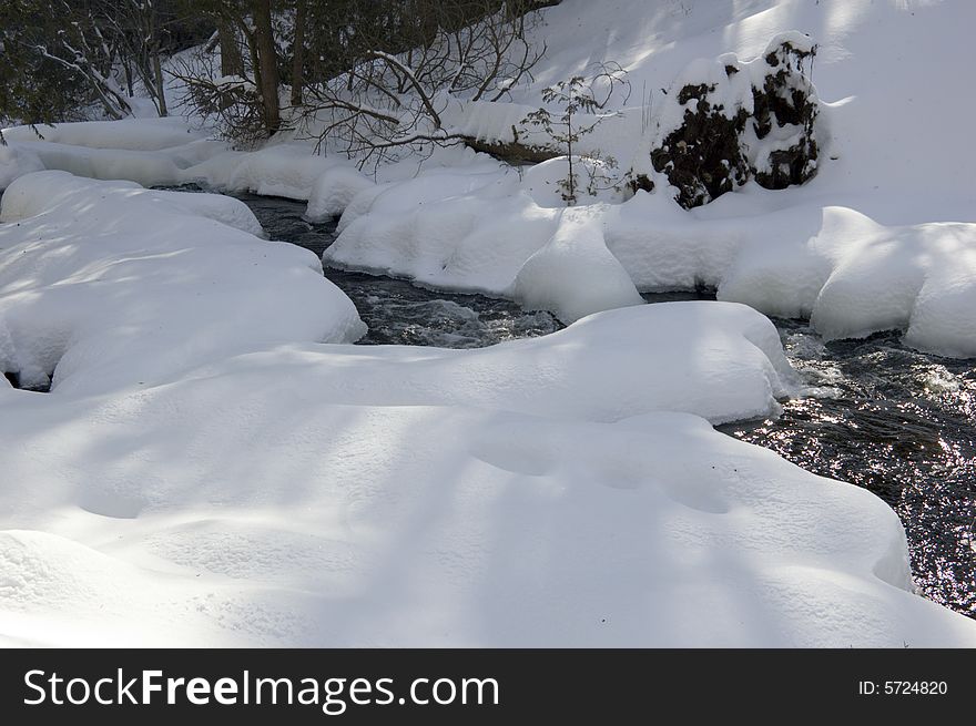 Flowing water between snow and ice