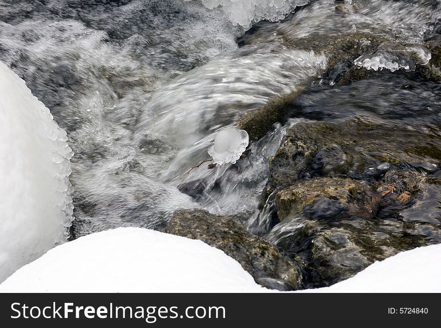 Flowing water between snow and ice