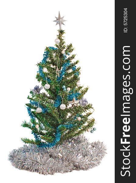 Christmas Tree decorated in blue and silver isolated over white background