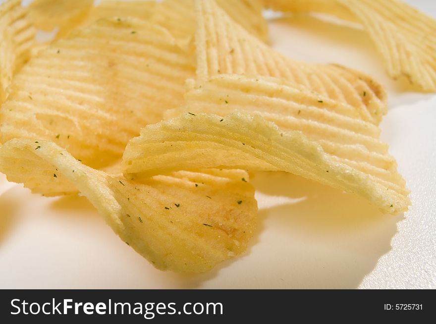 Pile of potato chips close-up