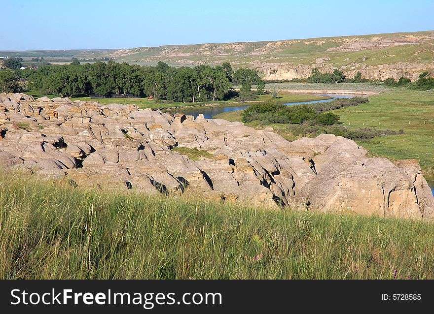 Hoodoos and sandstones in writing-on-stone provincial park, alberta, canada