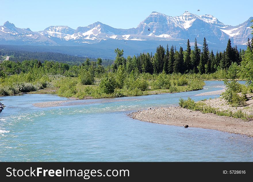 Mountains and river in waterton lakes national park, alberta, canada