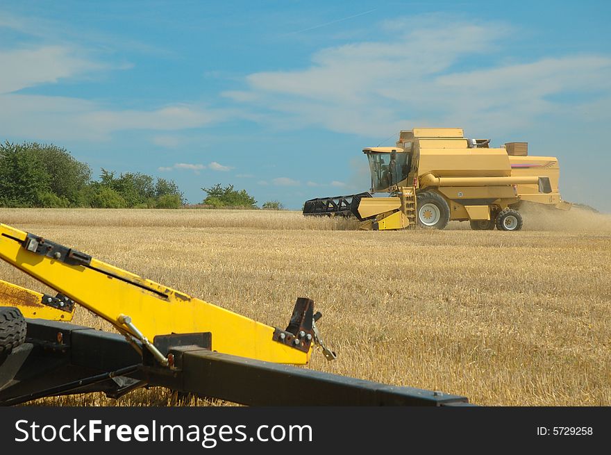 A combine harvester working in a wheat field. A combine harvester working in a wheat field