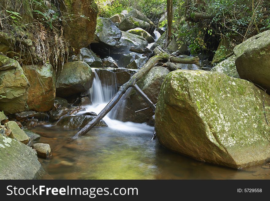 A mountain stream with fallen branches and a small waterfall feeding a tranquil pool. A mountain stream with fallen branches and a small waterfall feeding a tranquil pool.