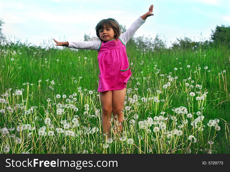 A little girl jumping on the meadow. A little girl jumping on the meadow